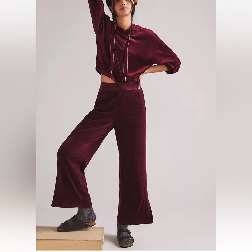 ANTHROPOLOGIE DAILY PRACTICE MAROON PULL ON WIDE LEG VELOUR LOUNGE PANTS MEDIUM